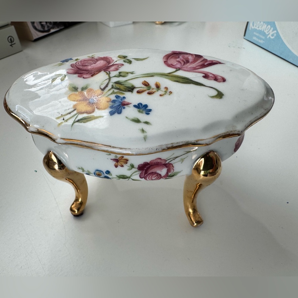 Limoges Floral Porcelain Pedestal Trinket Box